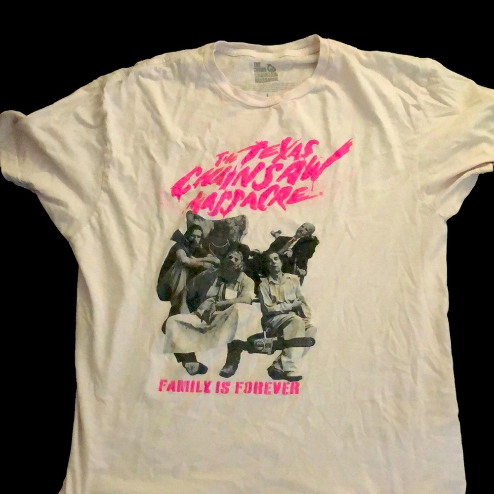 White “Texas chainsaw massacre” graphic T with the Sawyer family on the front